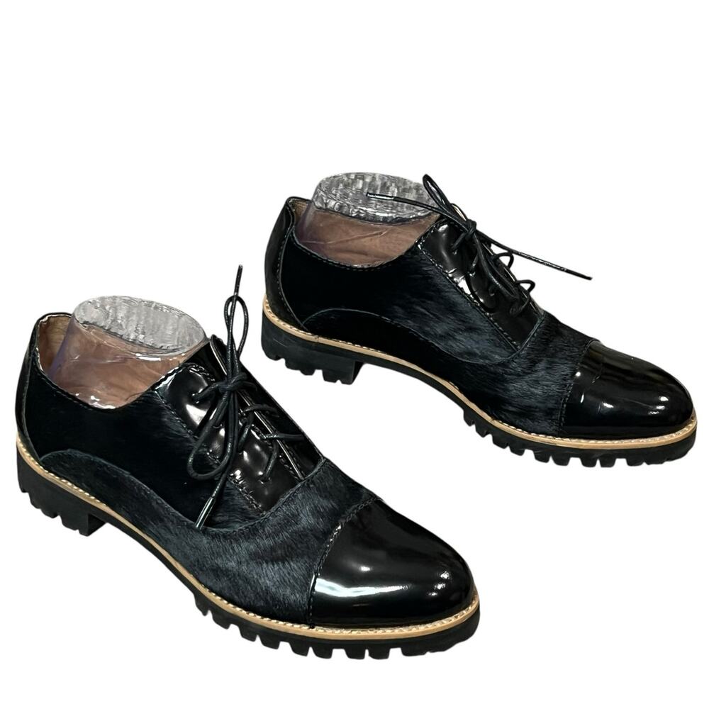 All Black Oxford Shoes Women US 9 EU 39.5 Black Calf Hair Patent Leather Cap Toe - Picture 4 of 13